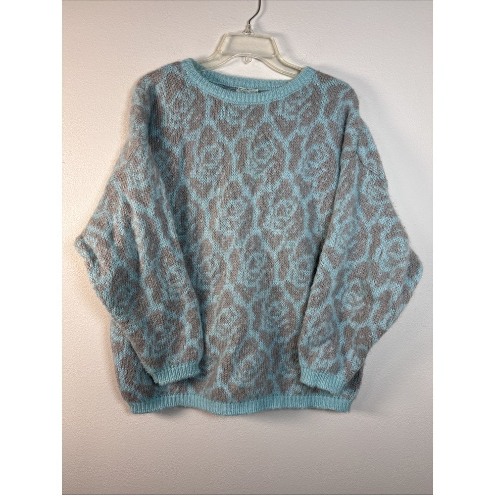 Vintage Benetton Mohair Blend Sweater Made in Italy Aqua Gray Rose Floral 80 90‎